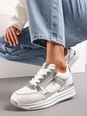 Zdjęcie produktu Biało-Srebrne Sneakersy z Brokatowymi Wstawkami i Krótkim Suwakiem Naiwra
