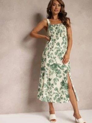 Zdjęcie produktu Biało-Zielona Sukienka z Bawełny na Ramiączkach z Gumką w Pasie i Ozdobnym Rozcięciem na Nogę Dimrrou