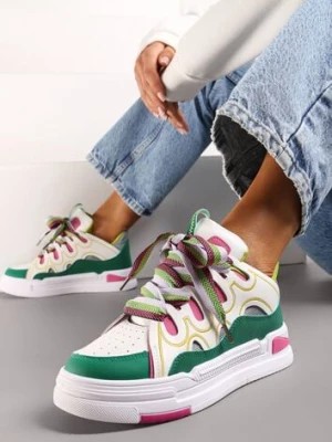 Zdjęcie produktu Biało-Zielone Sneakersy na Platformie z Grubymi Kolorowymi Sznurówkami Adrianu