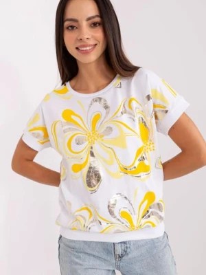 Zdjęcie produktu Biało-żółta bluzka z błyszczącym nadrukiem RELEVANCE