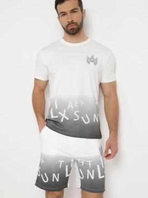 Zdjęcie produktu Biały Komplet Dresowy Bawełniany z Cieniowaniem i Nadrukiem na Koszulce ze Spodenkami Aisidare