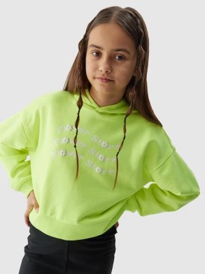 Zdjęcie produktu Bluza dresowa crop top nierozpinana z kapturem dziewczęca - zielona 4F JUNIOR