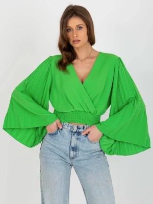 Zdjęcie produktu Bluzka wizytowa jasny zielony elegancki elegancka dekolt kopertowy rękaw długi długość krótka marszczenia Merg
