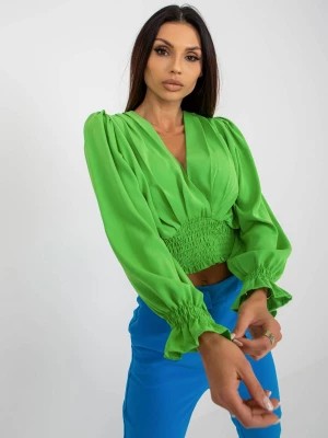 Zdjęcie produktu Bluzka wizytowa jasny zielony elegancki elegancka dekolt w kształcie V rękaw długi długość krótka marszczenia bufiasty falbana Merg