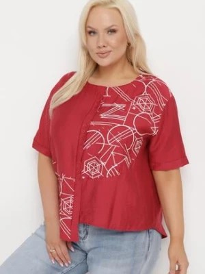 Zdjęcie produktu Bordowa Bawełniana Bluzka T-shirt z Krótkim Rękawem z Nadrukiem i Guzikami Fiomara