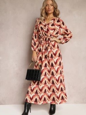 Zdjęcie produktu Bordowo-Beżowa Rozkloszowana Sukienka z Kopertowym Dekoltem i Wiązanym Paskiem Salmate