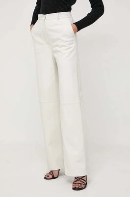 Zdjęcie produktu BOSS spodnie skórzane damskie kolor beżowy proste high waist