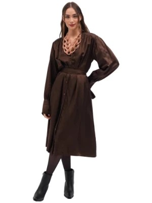 Zdjęcie produktu Brązowa Satynowa Sukienka z Wiązaniem w Talii Phisique du Role