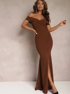Zdjęcie produktu Brązowa Taliowana Sukienka Maxi z Rozcięciem Perlina