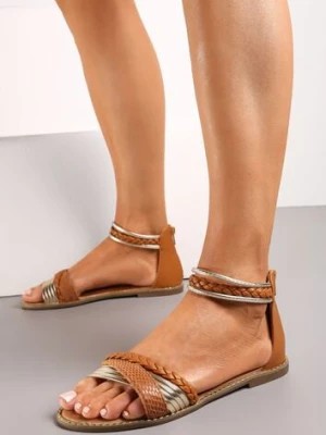 Zdjęcie produktu Brązowe Sandały z Metalicznymi i Plecionymi Paskami Zapinane na Suwak Awodema