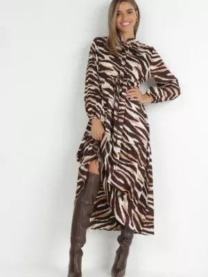 Zdjęcie produktu Brązowo-Beżowa Sukienka Rozkloszowana w Tygrysie Paski Ralfi