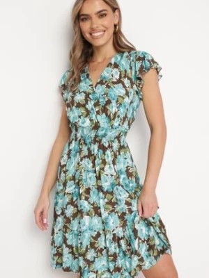 Zdjęcie produktu Brązowo-Niebieska Rozkloszowana Sukienka Midi z Bawełny z Kwiatowym Wzorem i Falbanką Rosenthel