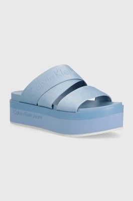 Zdjęcie produktu Calvin Klein Jeans klapki FLATFORM SANDAL WEBBING IN MR damskie kolor niebieski na platformie YW0YW01361