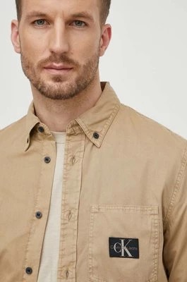 Zdjęcie produktu Calvin Klein Jeans koszula bawełniana męska kolor beżowy regular z kołnierzykiem button-down