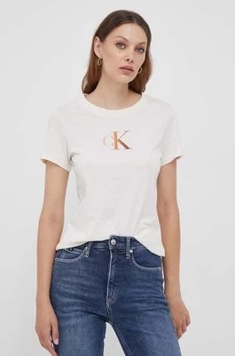 Zdjęcie produktu Calvin Klein Jeans t-shirt bawełniany kolor beżowy