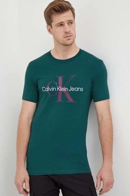 Zdjęcie produktu Calvin Klein Jeans t-shirt bawełniany kolor turkusowy z nadrukiem