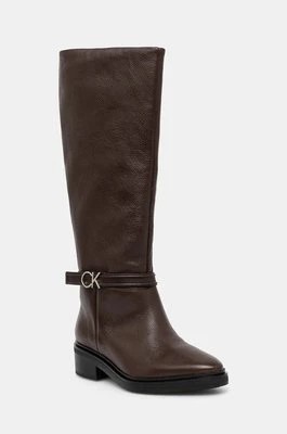 Zdjęcie produktu Calvin Klein kozaki skórzane HEEL KNEE BOOT 30 W/HW LTH damskie kolor brązowy na platformie HW0HW02184