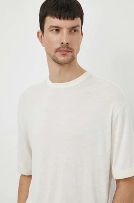 Zdjęcie produktu Calvin Klein t-shirt z domieszką jedwabiu kolor beżowy gładki