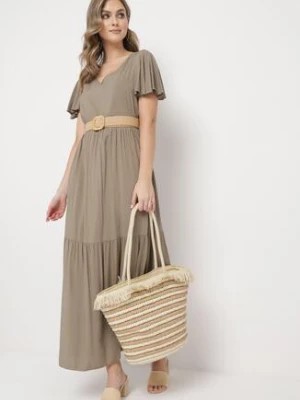 Zdjęcie produktu Ciemnobeżowa Bawełniana Sukienka Maxi z Krótkim Rękawem Rozkloszowana Leviossa