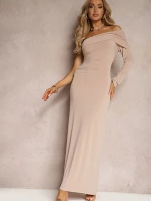 Zdjęcie produktu Ciemnobeżowa Sukienka Koktajlowa o Taliowanym Kroju na Jedno Ramię Xennesta