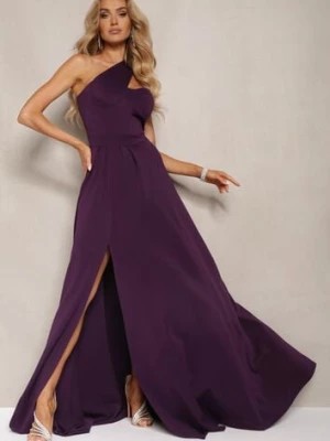 Zdjęcie produktu Ciemnofioletowa Sukienka o Rozkloszowanym Kroju na Jedno Ramię z Głębokim Rozcięciem Efiela