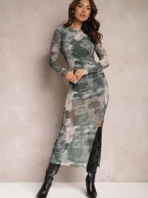 Zdjęcie produktu Ciemnozielona Dopasowana Sukienka Maxi z Wycięciem Marperra