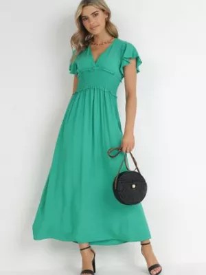 Zdjęcie produktu Ciemnozielona Kopertowa Sukienka z Wiskozy z Gumką w Pasie Neroni