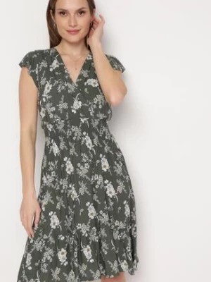 Zdjęcie produktu Ciemnozielona Sukienka Bawełniana z Kopertowym Dekoltem w Kwiatki Akariela