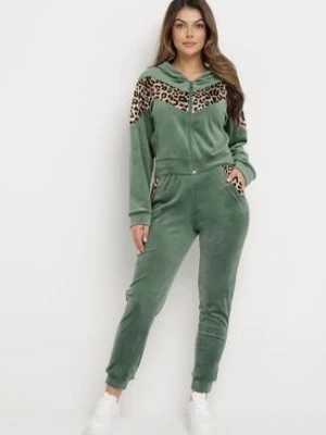 Zdjęcie produktu Ciemnozielony 2-Częściowy Komplet Dresowy z Animal Print Bluza z Kapturem i Spodnie z Kieszeniami Arieli