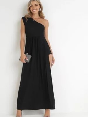 Zdjęcie produktu Czarna Asymetryczna Sukienka Maxi z Rozkloszowanym Dołem i Wycięciem z Brokatem Acaisa