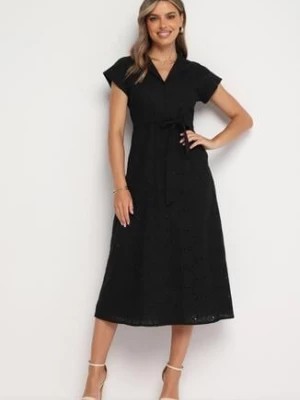 Zdjęcie produktu Czarna Bawełniana Ażurowa Sukienka na Guziki o Koszulowym Kroju Wiązana Paskiem Grosofia