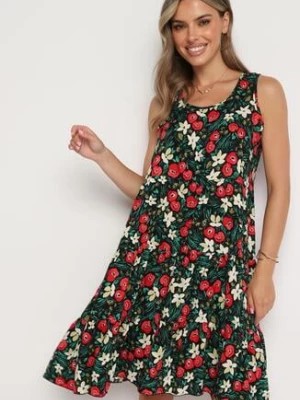 Zdjęcie produktu Czarno-Czerwona Bawełniana Sukienka w Kwiaty na Ramiączkach Grenatia