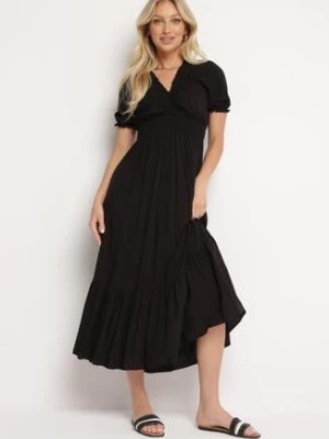 Zdjęcie produktu Czarna Bawełniana Sukienka z Kopertowym Dekoltem w Stylu Boho Rissasie