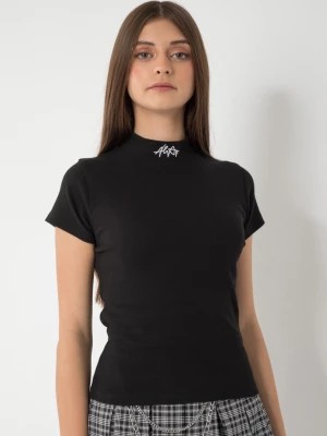 Zdjęcie produktu Czarna bluzka na stójce z dzianiny prążkowej z ozdobnym haftem