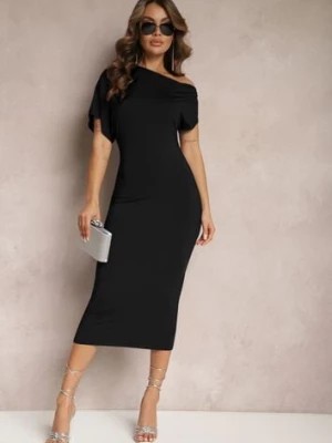Zdjęcie produktu Czarna Dopasowana Sukienka Midi o Asymetrycznym Kroju Lirevasse