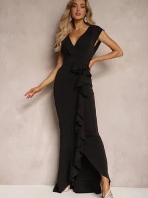 Zdjęcie produktu Czarna Elegancka Sukienka Długa o Asymetrycznym Fasonie z Dekoltem w V i Falbaną Efimea