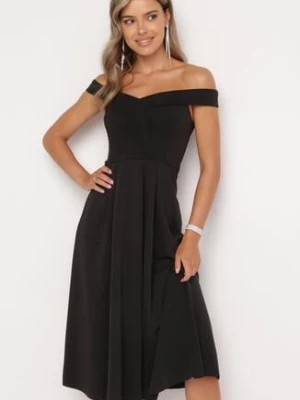 Zdjęcie produktu Czarna Elegancka Sukienka o Fasonie Hiszpanki z Materiałowym Paskiem Xaelia