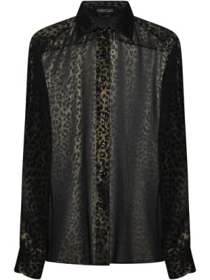 Zdjęcie produktu Czarna Jedwabna Koszula z Wzorem Leoparda Tom Ford