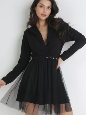 Zdjęcie produktu Czarna Kopertowa Sukienka Mini z Paskiem i Tiulem na Dole Anaida