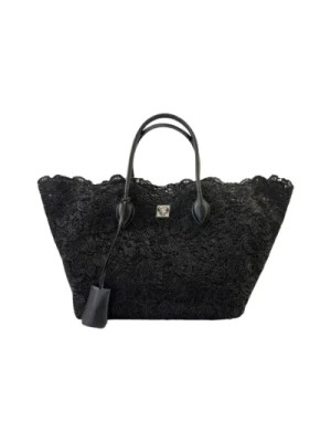 Zdjęcie produktu Czarna koronkowa torba na zakupy z skórzanymi uchwytami Ermanno Scervino