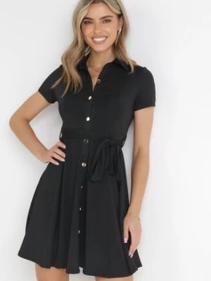 Zdjęcie produktu Czarna Koszulowa Sukienka Mini z Guzikami i Materiałowym Paskiem Idophira