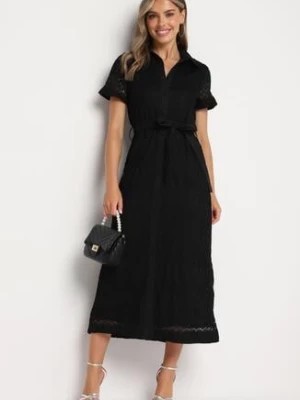 Zdjęcie produktu Czarna Koszulowa Sukienka na Guziki z Ażurowym Wzorem Wiązana Paskiem Klarevia