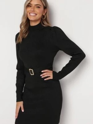 Zdjęcie produktu Czarna Metaliczna Sukienka Mini z Bufiastymi Rękawami Ozdobiona Paskiem w Talii Ferinna