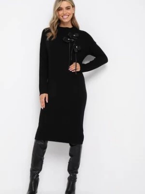 Zdjęcie produktu Czarna Pudełkowa Midi Sukienka z Półgolfem i Kieszeniami oraz Kokardkami Rito