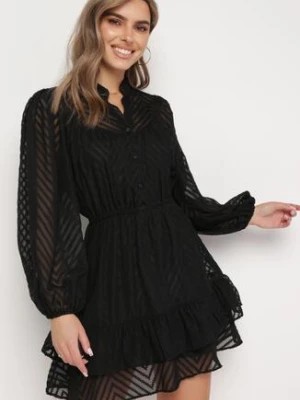 Zdjęcie produktu Czarna Rozkloszowana Sukienka Mini z Bufiastymi Rękawami i Falbanką Illathi