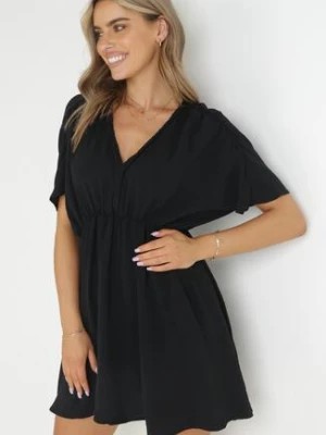 Zdjęcie produktu Czarna Rozkloszowana Sukienka Mini z Gumką w Pasie i Marszczeniami Enzlie