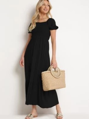 Zdjęcie produktu Czarna Rozkloszowana Sukienka z Bawełny z Gumką w Talii i Falbankami Dimissa