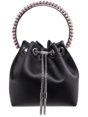 Zdjęcie produktu Czarna satynowa torba typu bucket z zapięciem na sznurek i kryształami Jimmy Choo