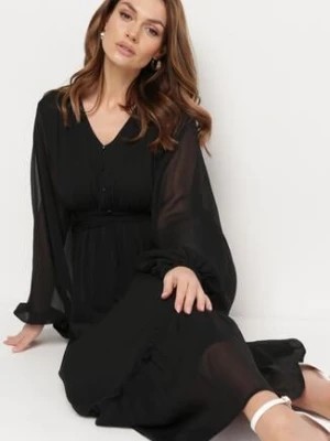 Zdjęcie produktu Czarna Sukienka Koktajlowa z Bufiastymi Rękawami Falbankami i Ozdobnymi Guzikami Binxa
