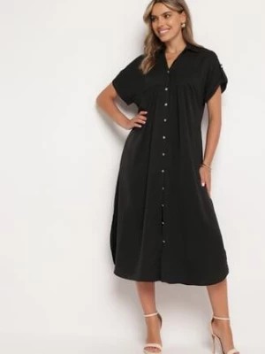 Zdjęcie produktu Czarna Sukienka Koszulowa Zapinana na Guziki z Podwijanymi Rękawami Moarisa